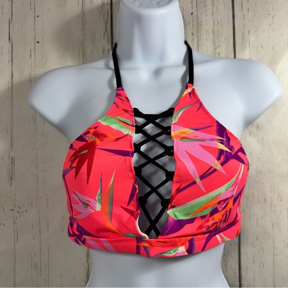 Pink Victorias Secret Colorful Halter Bikini Top Pink Floral Lace Up Tropical